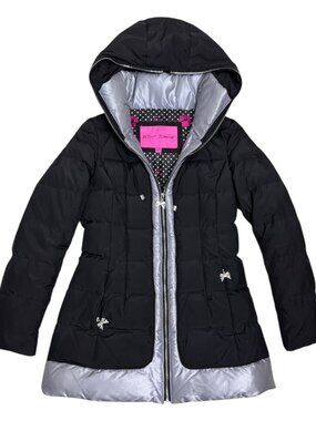 BETSEY JOHNSON Down & Feather Black Designer Winter Puffer Parka Coat Womens S